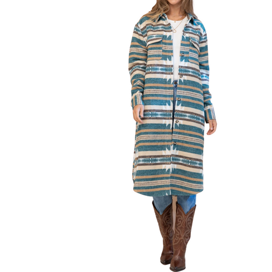 Teal Brown Cream Long Aztec Button Down Shirt Dress Jacket.