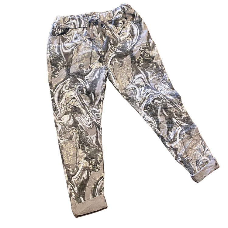 Taupe Gray Oil Swirl with Metallic Gold Detail Italian One Size Stretch Drawstring Pants