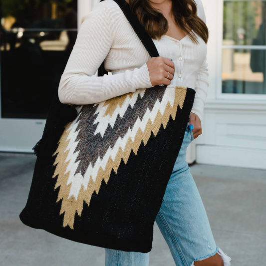 Aztec with Neutral Colors Boho Tote With Pom Tassel