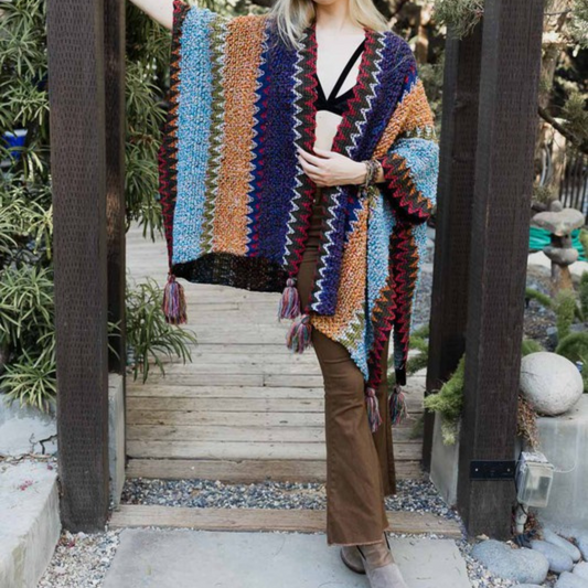 Blue Orange Green Multi-Colored Vertical Striped Sweater Kimono Pancho