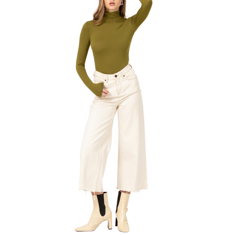 Olive Green Basic Fitted Long Sleeve Turtle Neck Bodysuit with Thong Bottom Snap