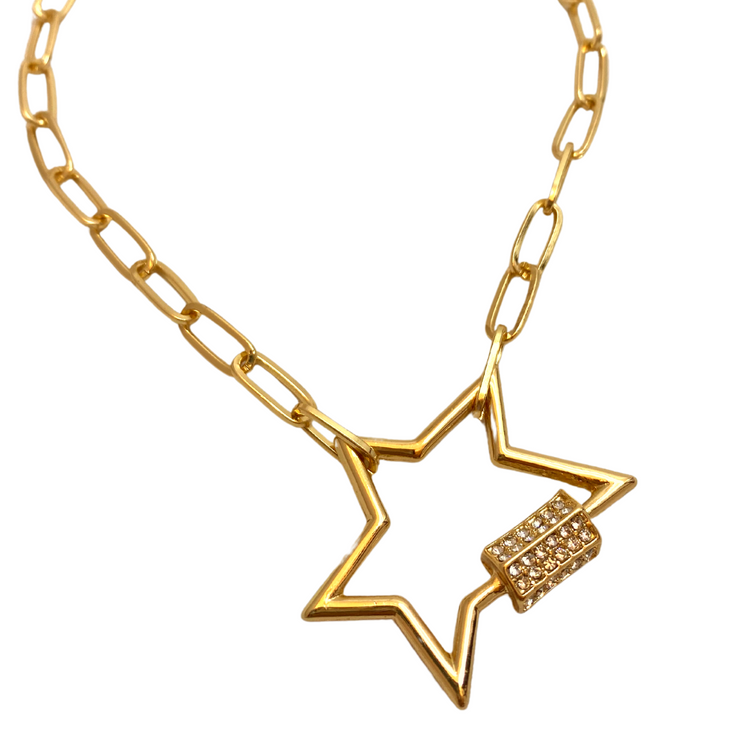 Gold Paperclip Adjustable Length Chocker Necklace with Chunky Gold and Crystal Star