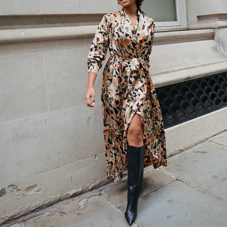 Satin Abstract Leopard Print Long Wrap Dress or Duster