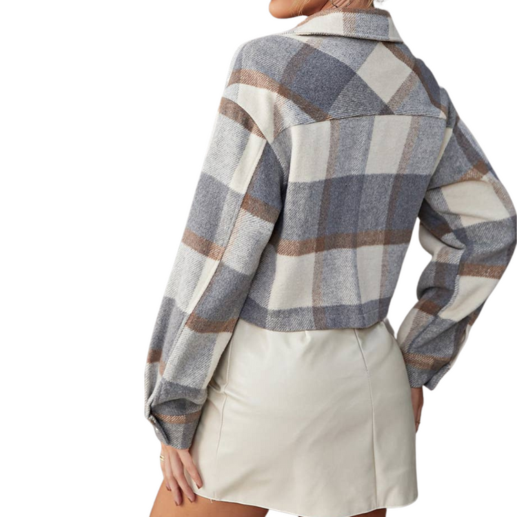 Brown Gray Cream Cropped Plaid Flannel Shacket