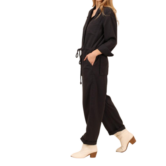 Hip Utility Charcoal Linen Cotton Button Down Jumpsuit with Rope Tie Waist Belt