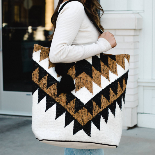 Aztec White with Black and Brown Multi Triangle Detail Boho Tote With Pom Tassel