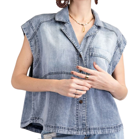 Button Down Distressed Denim Top with Cap Sleeves