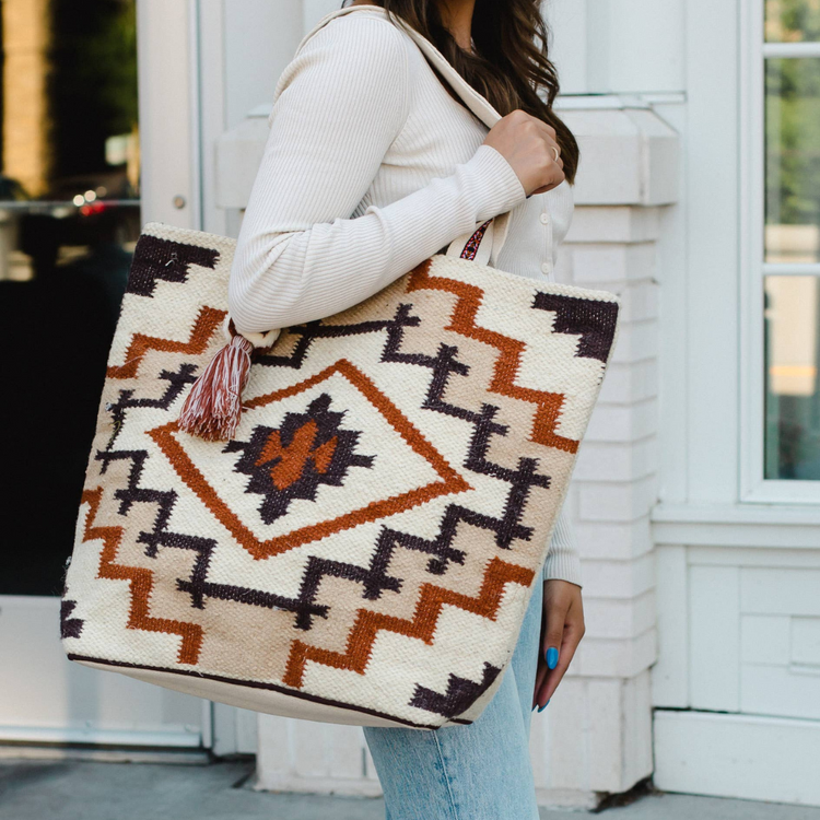 Aztec Cream with Tan, Rust, Brown Center Diamond Design Boho Tote With Pom Tassel