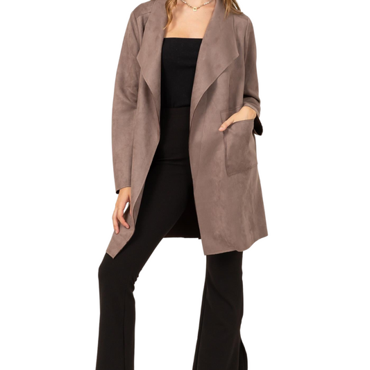 Mushroom Faux Suede Wide Collared Lapel Duster Open Jacket with Pockets