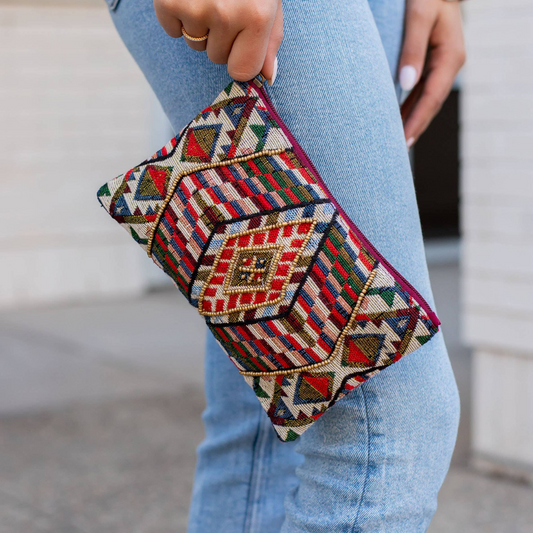 Aztec Boho Multi Colored Beaded Diamond Detail Wristlet Purse Bag Clutch