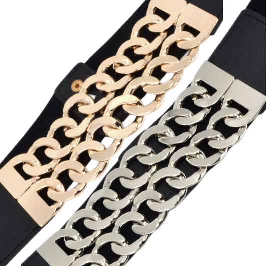 Double Chain on Vegan Leather Belt with Wide Elastic Band