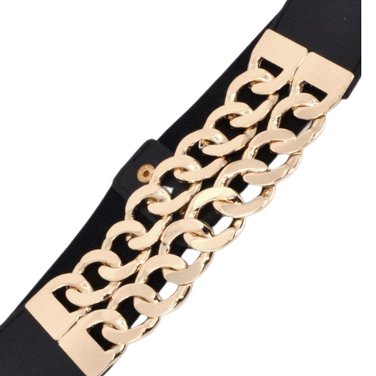 Double Chain on Vegan Leather Belt with Wide Elastic Band