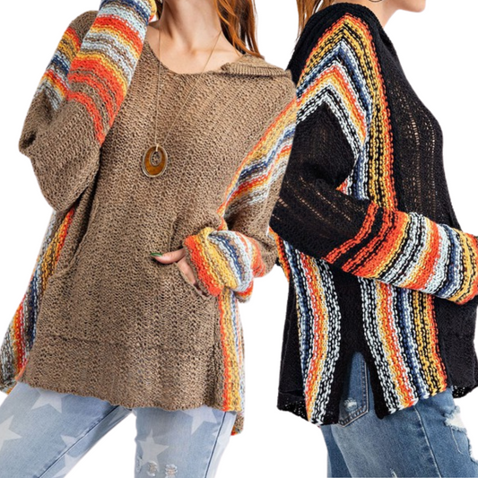 Knitted Hoodie Multi Colored Pullover Sweater