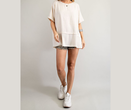 Oversized Poly Linen Oatmeal Tunic Top.  - Rounded Neckline - Contrast Fabrication Bottom - Loose Fit And Oversized Silhouette   - Longer Tunic Length For Added Coverage 