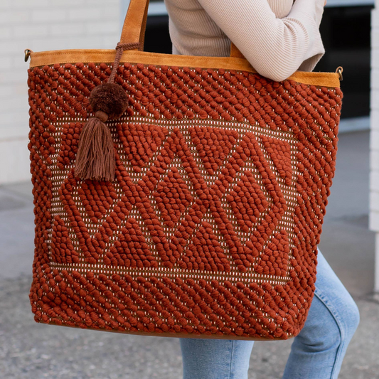 Aztec Nubby Rust Multi Diamond Boho Tote With Pom Tassel