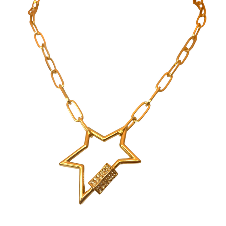 Gold Paperclip Adjustable Length Chocker Necklace with Chunky Gold and Crystal Star