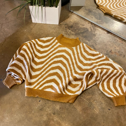 Camel Cream Zebra Swirl Dolman Sleeve Mock Neck Sweater