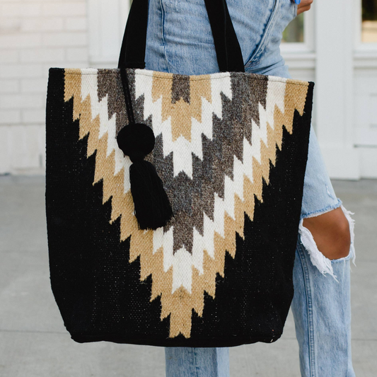 Aztec with Neutral Colors Boho Tote With Pom Tassel