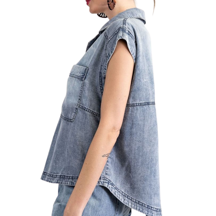 Button Down Distressed Denim Top with Cap Sleeves