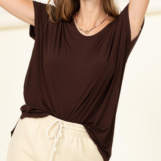 Chocolate Brown Over Sized Short Sleeve V-Neck Tee Shirt Top