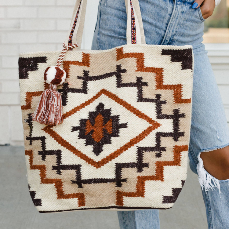 Aztec Cream with Tan, Rust, Brown Center Diamond Design Boho Tote With Pom Tassel