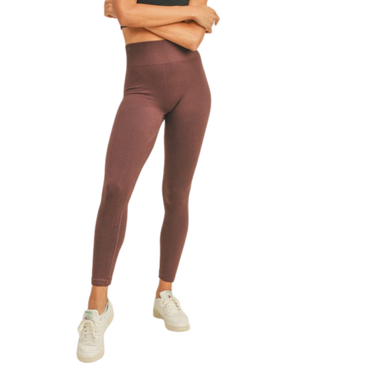 Brown High Rise Tummy Control Ribbed Leggings