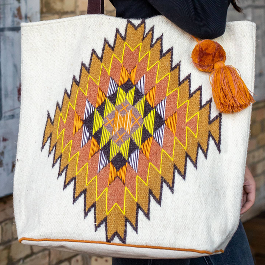 Aztec Cream with Orange, Rust, Yellow, Diamond Boho Tote With Pom Tassel