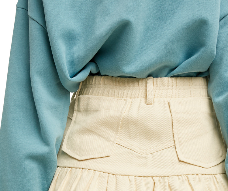 Cream Denim Cutes-y Mini Skirt w/ Fitted Upper and Bottom Ruffle