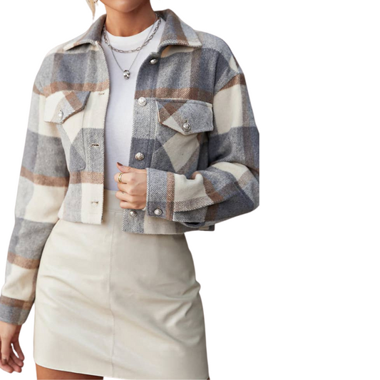 Brown Gray Cream Cropped Plaid Flannel Shacket