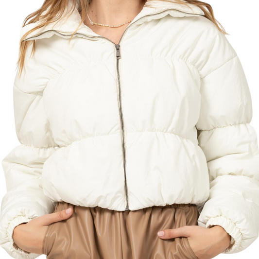 White Whip Cream Crop Puffer Jacket