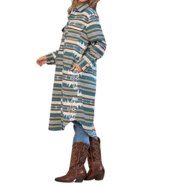 Teal Brown Cream Long Aztec Button Down Shirt Dress Jacket.