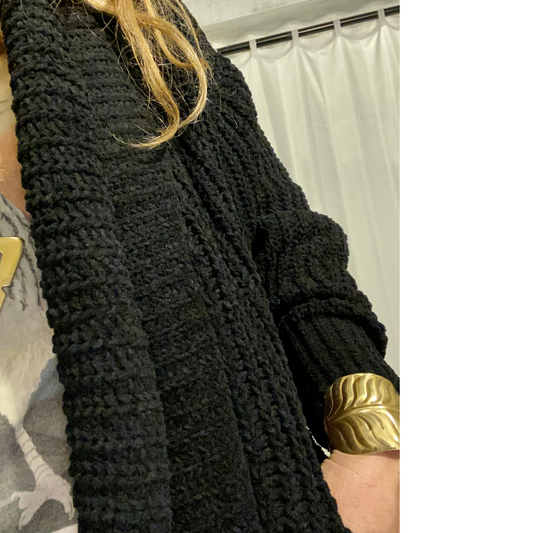 Black Chenille Knit Open Cardigan Sweater with Front Pockets