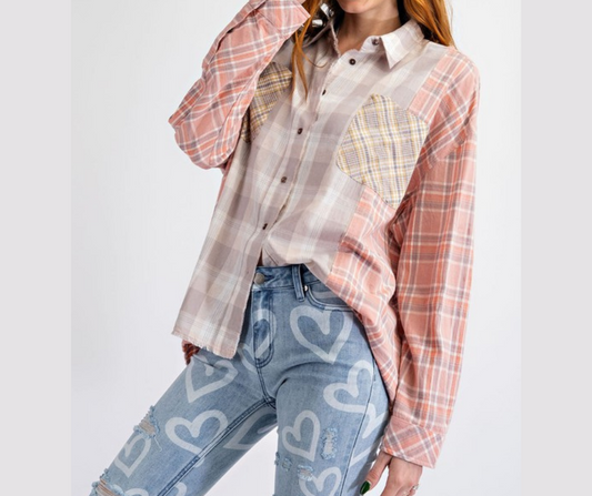 Plaid Patchwork Button Down With Two Pockets