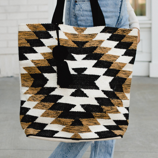 Aztec White, Brown, Black Aztec Boho Tote With Pom Tassel