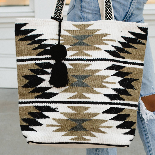 Aztec Cream with Brown, Grey, Black Multi Diamond Design Boho Tote With Pom Tassel