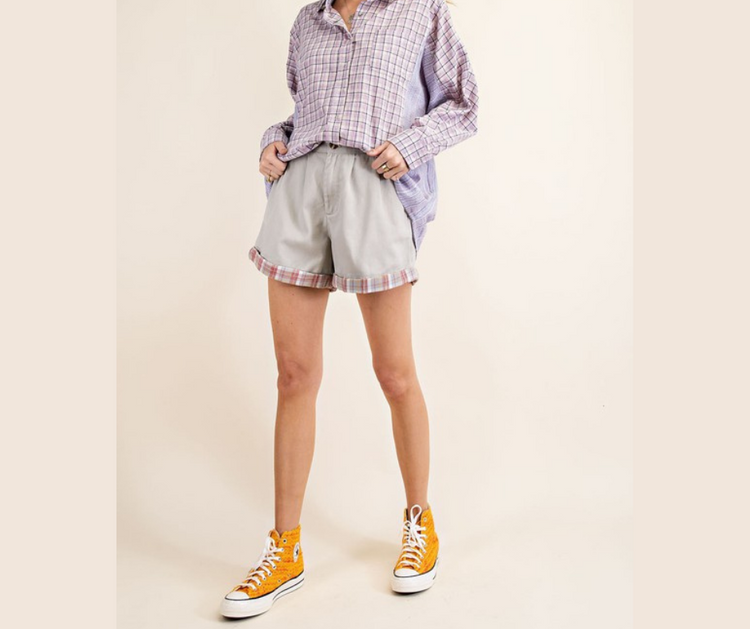 Lilac Plaid And Stripe Loose Button Down Shirt