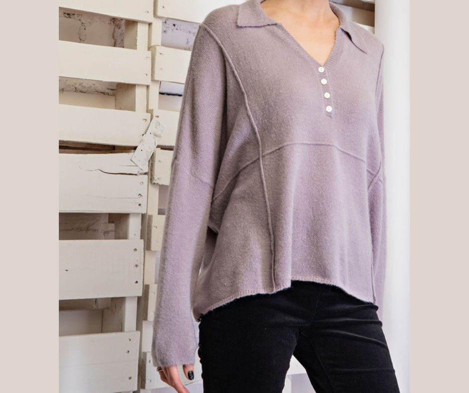 Lilac Grey Brushed Yarn Knitted Henley Sweater.  - Collared And V-Neckline - Solid Design - Blushed Sweater - Cropped Design - Button Down Front - Loose Fit And Boxy Silhouette 