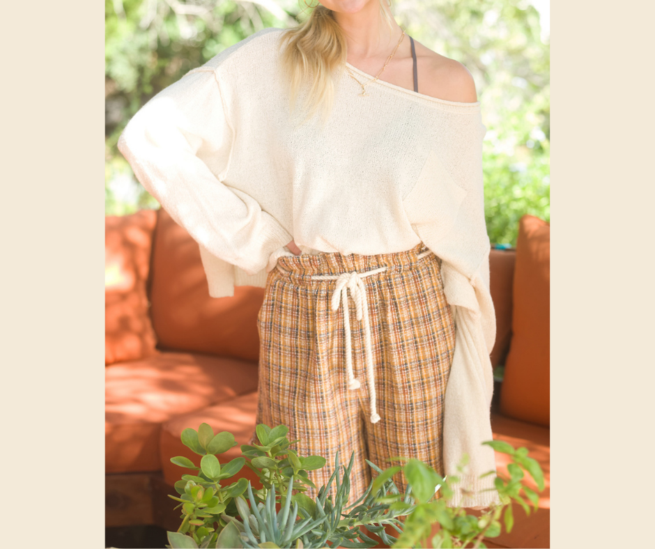 Plaid Textured Long Shorts with Curved Raw Edge & Drawstring  - Multi plaid cloth textured curved raw hem shorts  - Plaid printed textured woven fabric  - Paper bag waist with contrast tie string  - Side seam pockets  - Curved raw hem