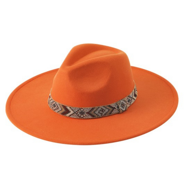 Felt Fedora Hat with Boho Geo Beaded Hatband with Diamond Bling Accents