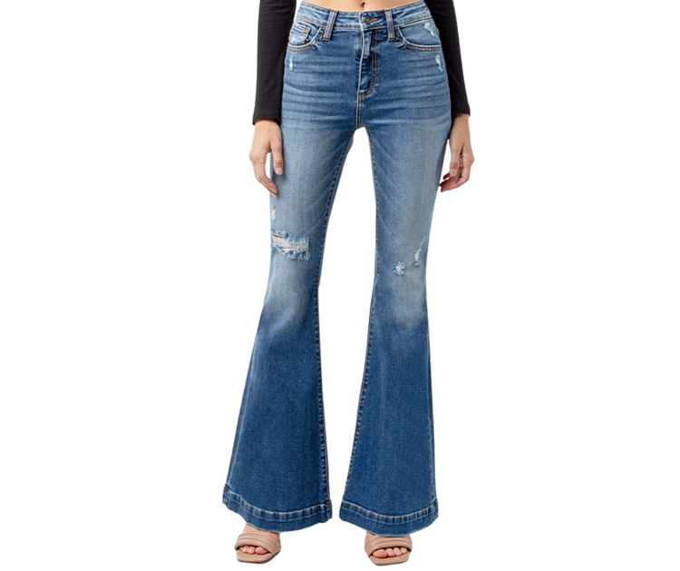 Ceros Semi Distressed Medium Blue High Rise Flare Bell Bottom Stretch Jeans