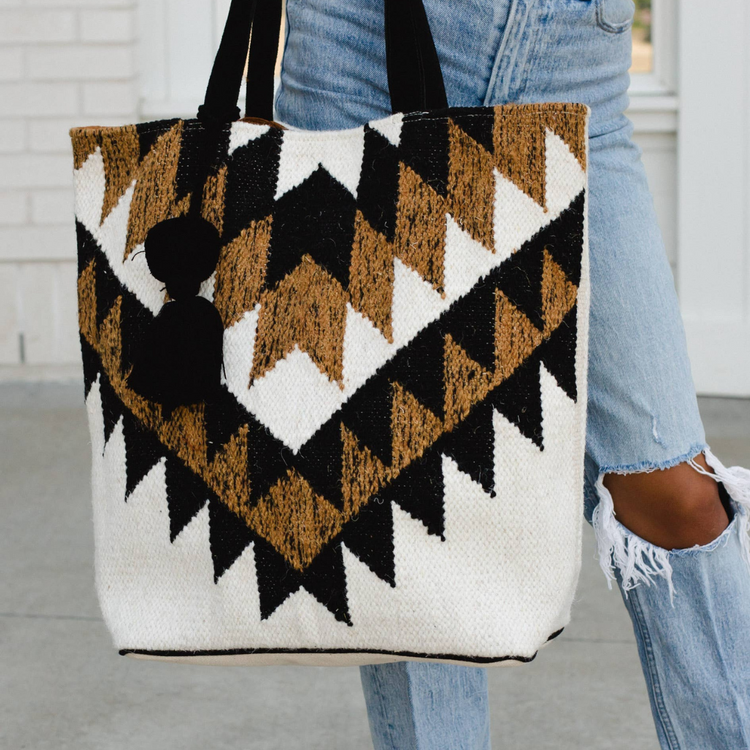 Aztec White with Black and Brown Multi Triangle Detail Boho Tote With Pom Tassel