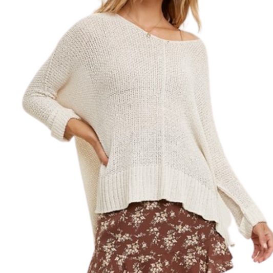 Comfy Knit V Neck 3/4 Cuff Sleeve Sweater with Side Slits