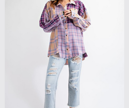 Lilac Purple Plaid Color Blocked Patchwork Button Down Long Sleeve Top