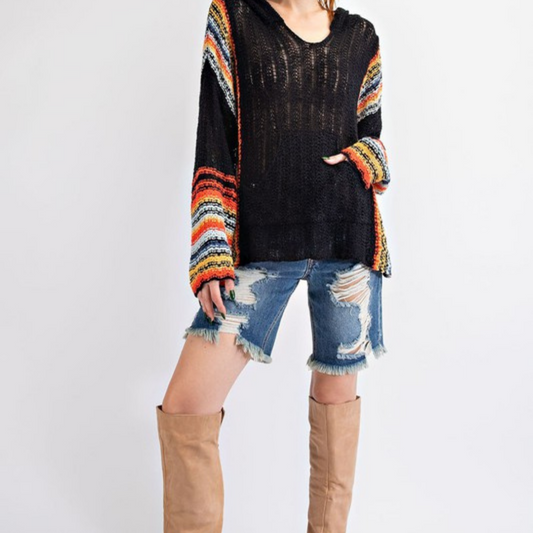 Knitted Hoodie Multi Colored Pullover Sweater