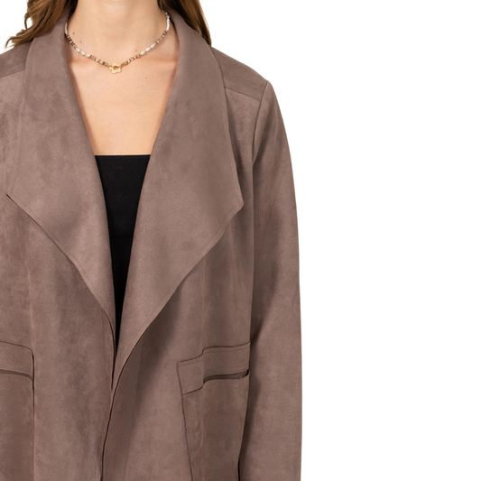 Mushroom Faux Suede Wide Collared Lapel Duster Open Jacket with Pockets