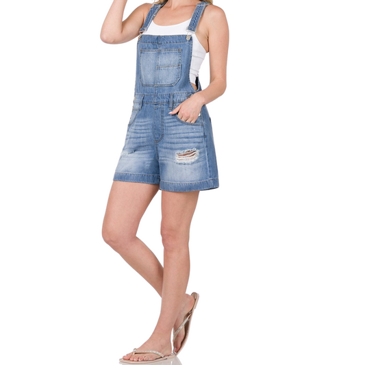 Distressed Medium Washed Denim Overall Shorts