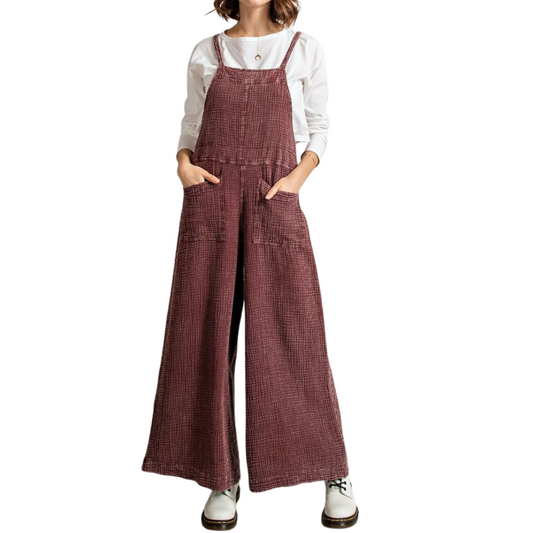 Faded Plum Cotton Washed Slouchy Wide Leg Jumpsuit Overalls with Back Tie