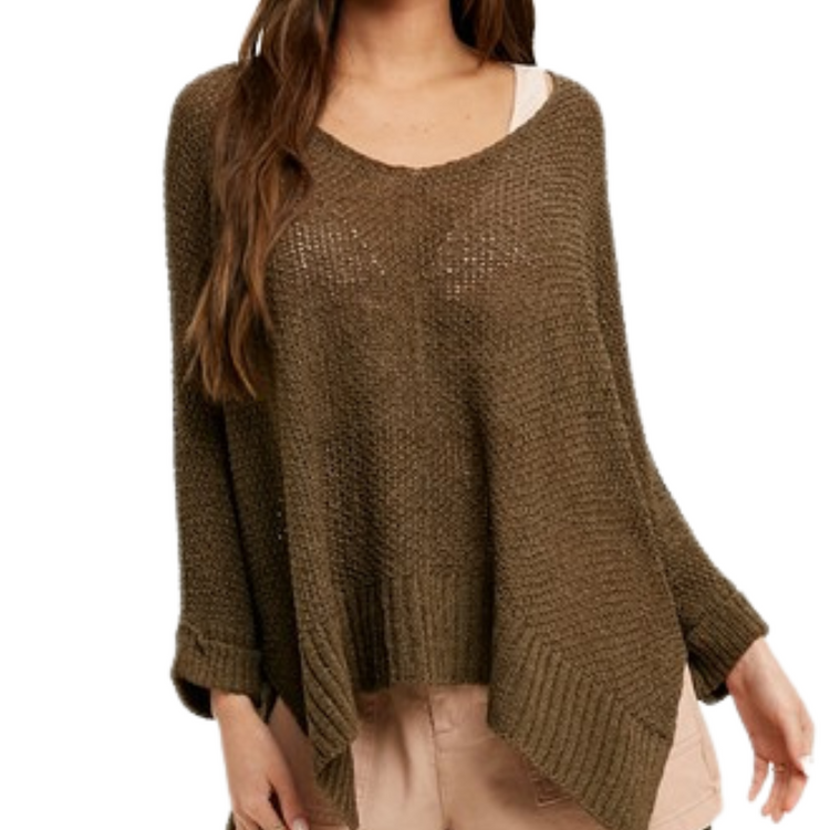 Comfy Knit V Neck 3/4 Cuff Sleeve Sweater with Side Slits