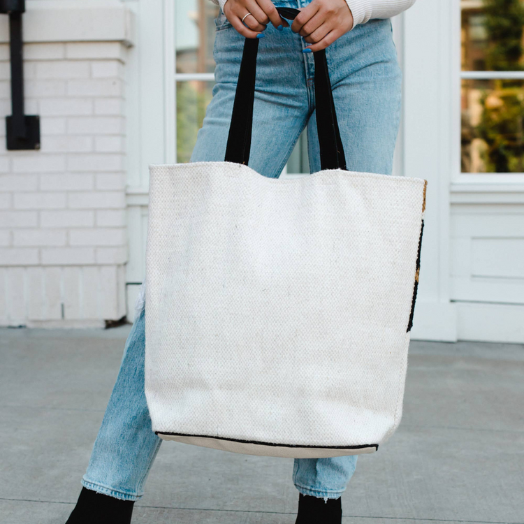 Aztec White with Black and Brown Multi Triangle Detail Boho Tote With Pom Tassel