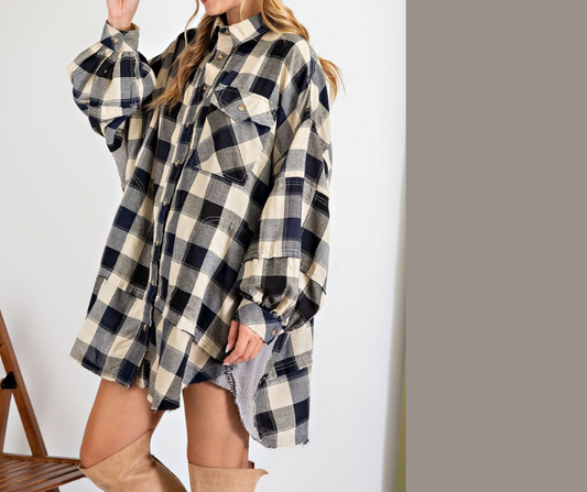 Long Sleeve Navy Ivory Plaid Oversized Shirt Dress